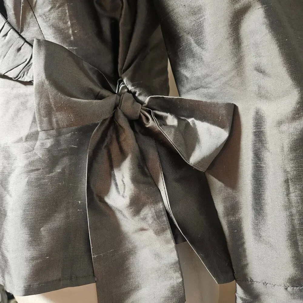 Sunny Taylor Silk Wrap Top Blouse Gray Size‎ 6 Long Sleeve Ruffle Tie